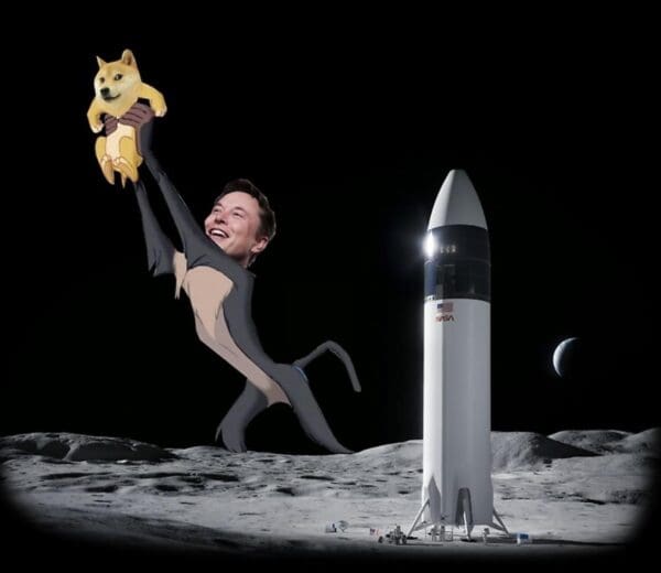 A SpaceX moon meme parodying The Lion King, showing Elon Musk as Rafiki standing on the lunar surface, triumphantly lifting a baby Doge toward the sky with a Starship rocket in the background.