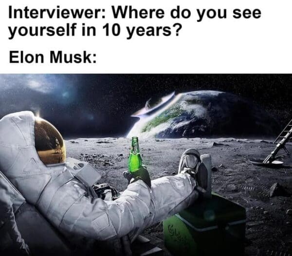 A surreal SpaceX moon meme featuring Elon Musk riding a giant Doge like a horse through space, leaving a rainbow trail behind them as they fly past the Earth and Moon.
