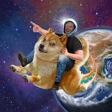 A surreal SpaceX moon meme featuring Elon Musk riding a giant Doge like a horse through space, leaving a rainbow trail behind them as they fly past the Earth and Moon.