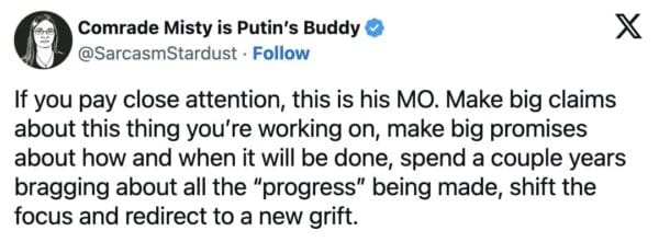 A text-based Elon musk moon meme analyzing his perceived "MO" of making big promises, delaying them for years, and then shifting focus to a "new grift" like the Moon.