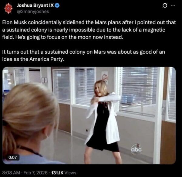 A sarcastic SpaceX moon meme suggesting Musk canceled Mars plans because a user pointed out the lack of a magnetic field, comparing the idea to a failed political party.