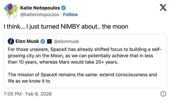 A funny Elon musk moon meme where a user reacts to Musk's claim of building a "self-growing city on the Moon" in 10 years by declaring they have become a NIMBY for the moon.