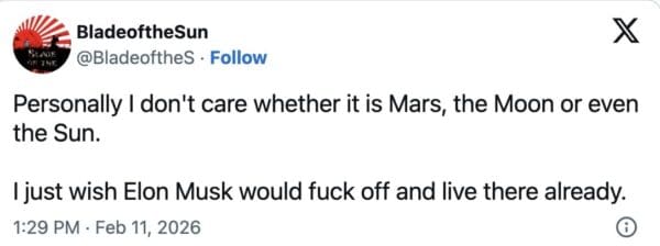 A brutal Elon musk moon meme expressing that the user does not care if he goes to Mars, the Moon, or the Sun, as long as he leaves Earth.
