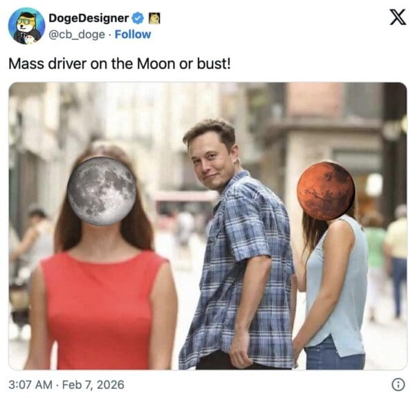 A SpaceX moon meme using the "Distracted Boyfriend" template to show Elon Musk checking out the Moon while ignoring his old girlfriend, Mars.