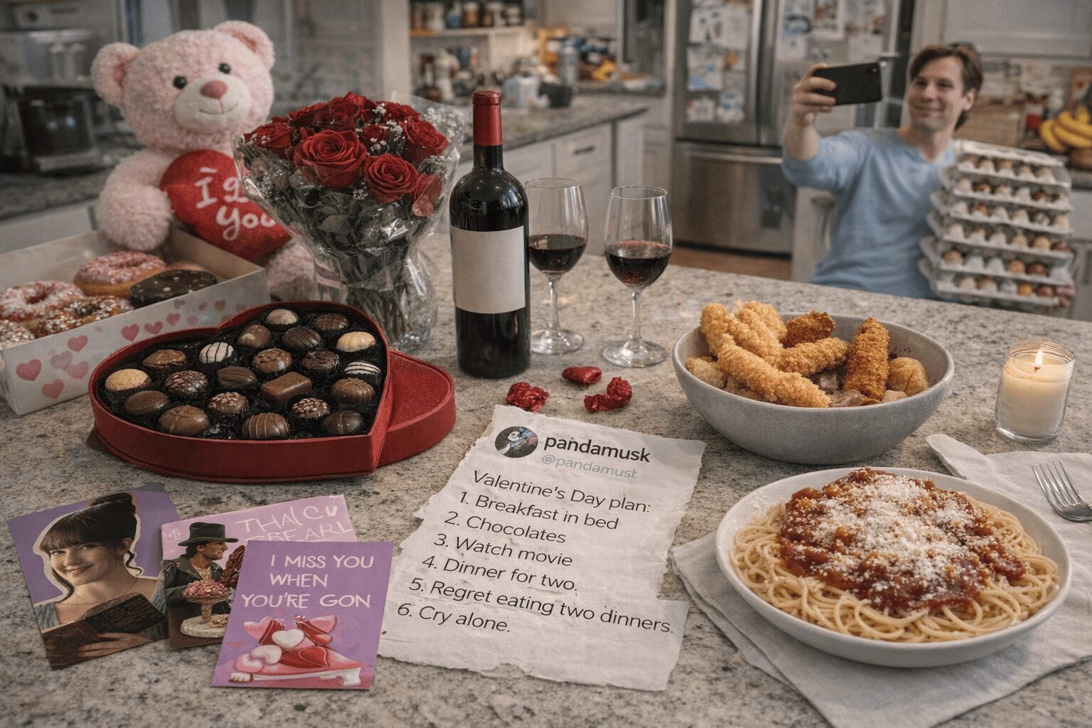Valentines Day meme 2026 compilation: A collage featuring the "inflation flex" of holding egg cartons, Brad Pitt cooking a lonely dinner, and a cat declaring "Alcohol" as its valentine.