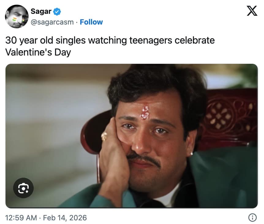 A relatable Valentines meme depicting the weary expression of 30-year-old singles watching energetic teenagers celebrate the holiday.