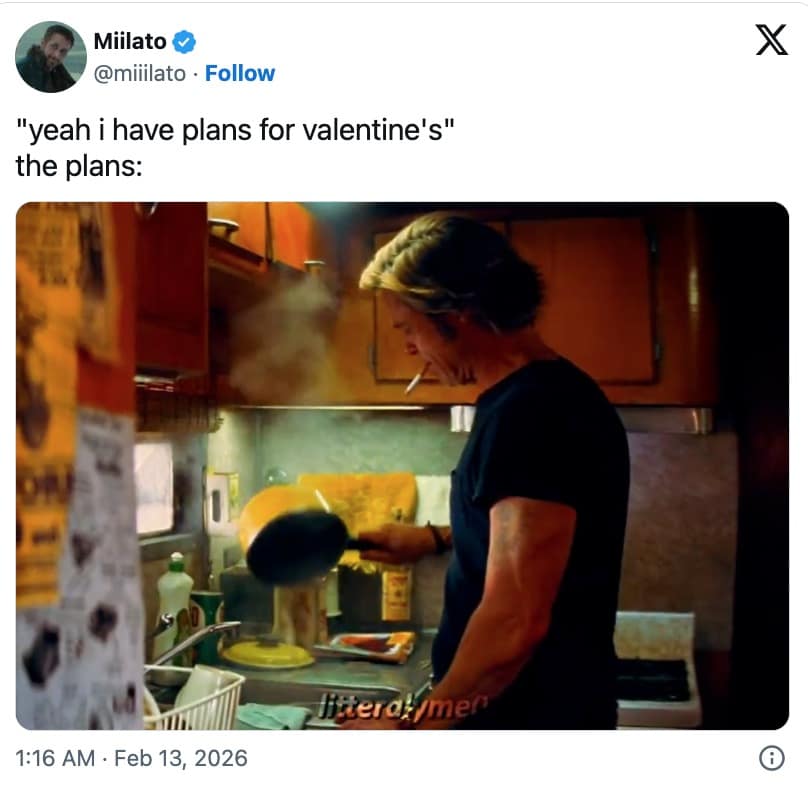 A depressive Valentines Day meme 2026 showing Brad Pitt's character in Once Upon a Time in Hollywood cooking meager mac and cheese alone in a dark kitchen.