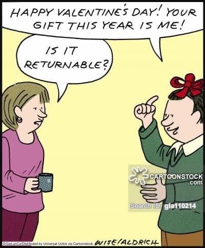 A savage Valentines Day meme 2026 cartoon where a husband presents himself as the gift with a bow on his head, only for the unamused wife to immediately ask, "Is it returnable?"