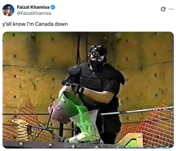 A Yall know I'm Canada Down meme showing the character The Punisher pouring green slime into a bucket on the game show Uh Oh.