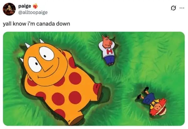 A Yall know I'm Canada Down meme featuring the characters Maggie and the Ferocious Beast relaxing in a grassy field.