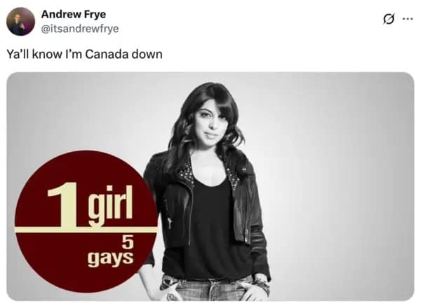 A Yall know I'm Canada Down meme referencing the logo and host from the MTV Canada reality show 1 Girl 5 Gays.