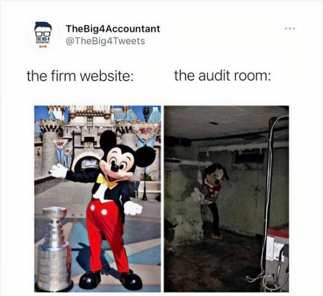 Comparison of a professional firm website versus the dark, creepy reality of a basement audit room.