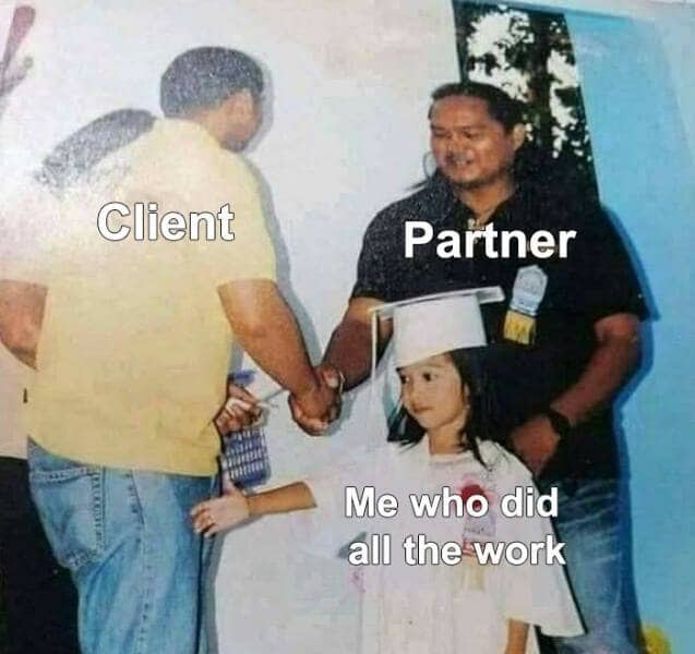 Graduation photo meme showing a partner taking credit for work done by a junior employee.