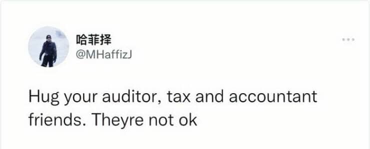Short text post advising people to hug their auditor and tax friends because they are not okay.