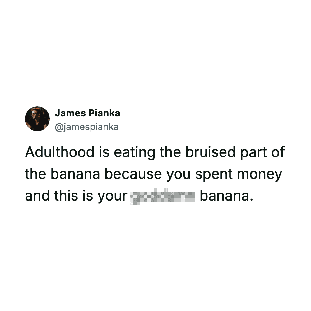 James Pianka tweet capturing the stubborn financial pride of forcing yourself to eat a bruised banana because you bought it.