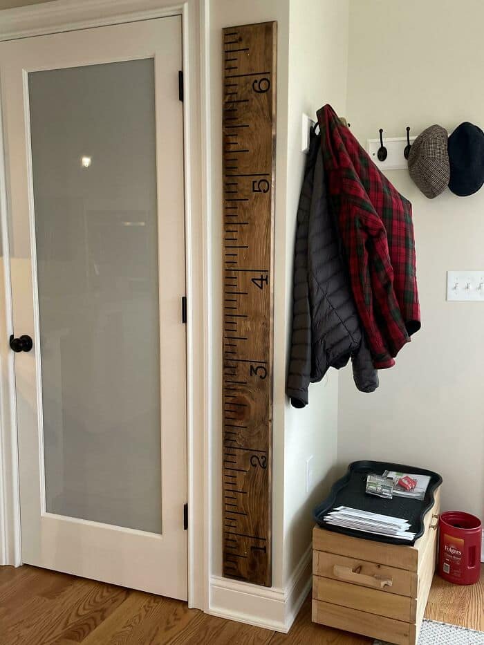 Giant wooden ruler wall growth chart measuring up to six feet. Amazing woodworking home decor for tracking kid heights.