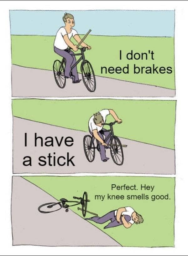 Three-panel comic depicting a man crashing a bicycle by putting a stick in the wheel.