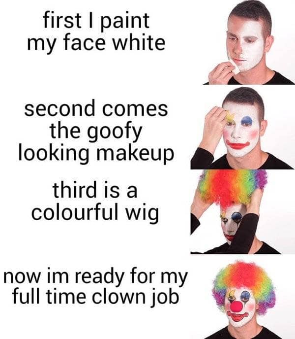Four-panel instructional image showing a man putting on makeup and a wig to become a clown.