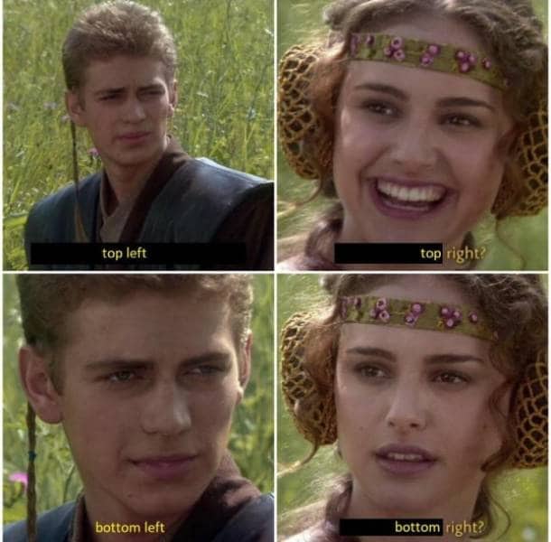Star Wars Anakin and Padme meme template where the captions simply describe the panel positions.