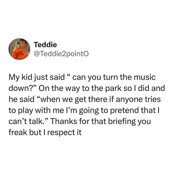 Social media post about a child planning to pretend he can't talk at the park.