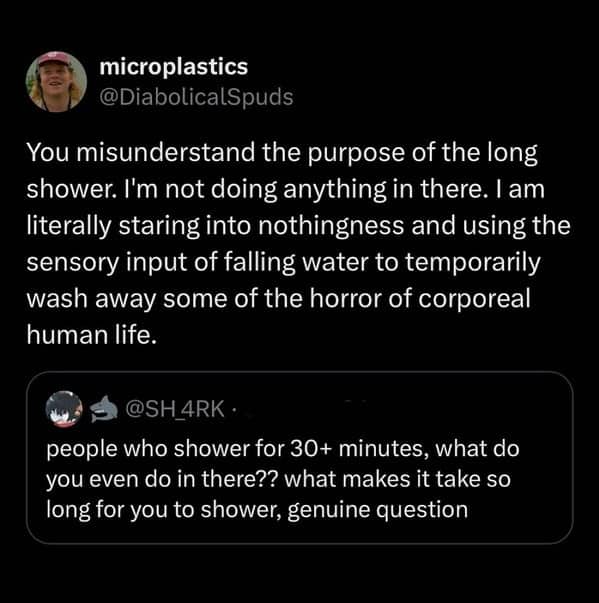 Deep dark mode post explaining that long showers are for washing away corporeal horror.