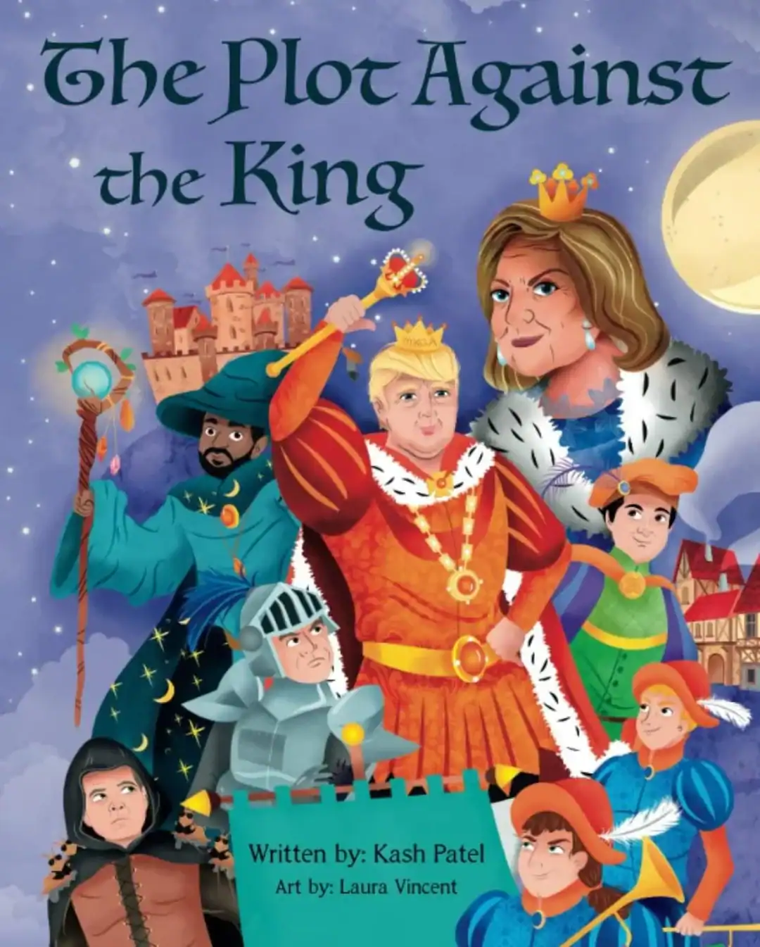A colorful, cartoonish political children's book cover titled "The Plot Against the King" featuring various political figures.