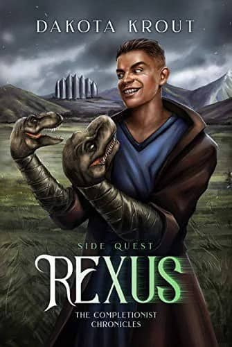 A fantasy novel cover titled "Rexus" featuring a man with two Tyrannosaurus Rex heads instead of hands.