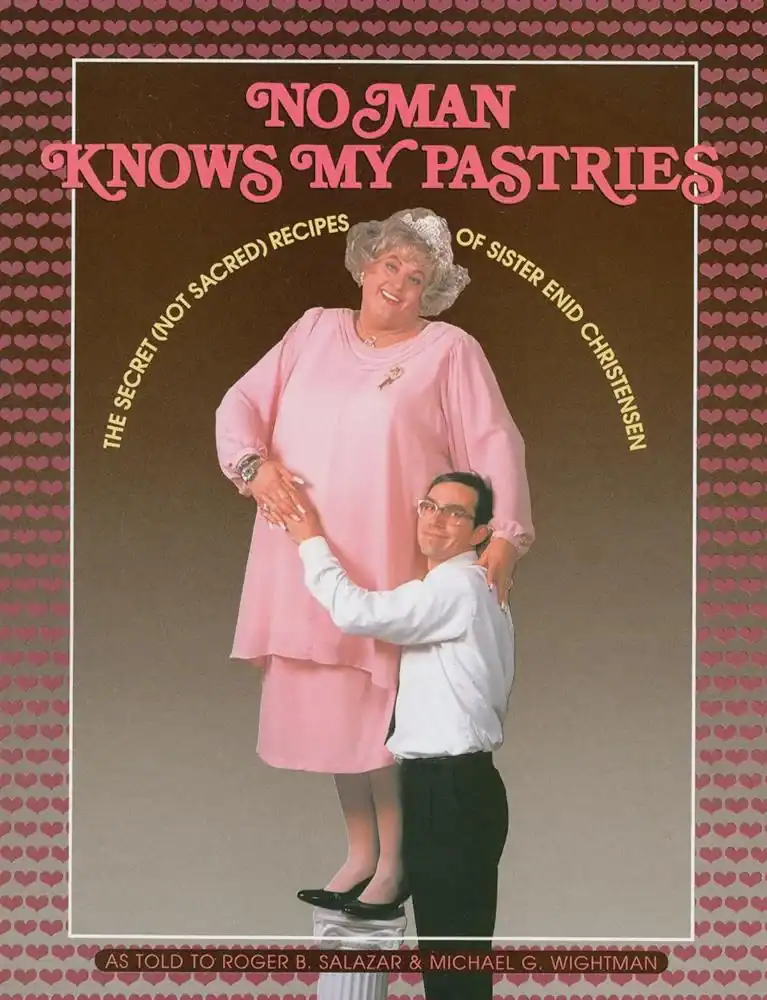A cookbook cover titled "No Man Knows My Pastries" featuring a woman standing on a pedestal behind a man.