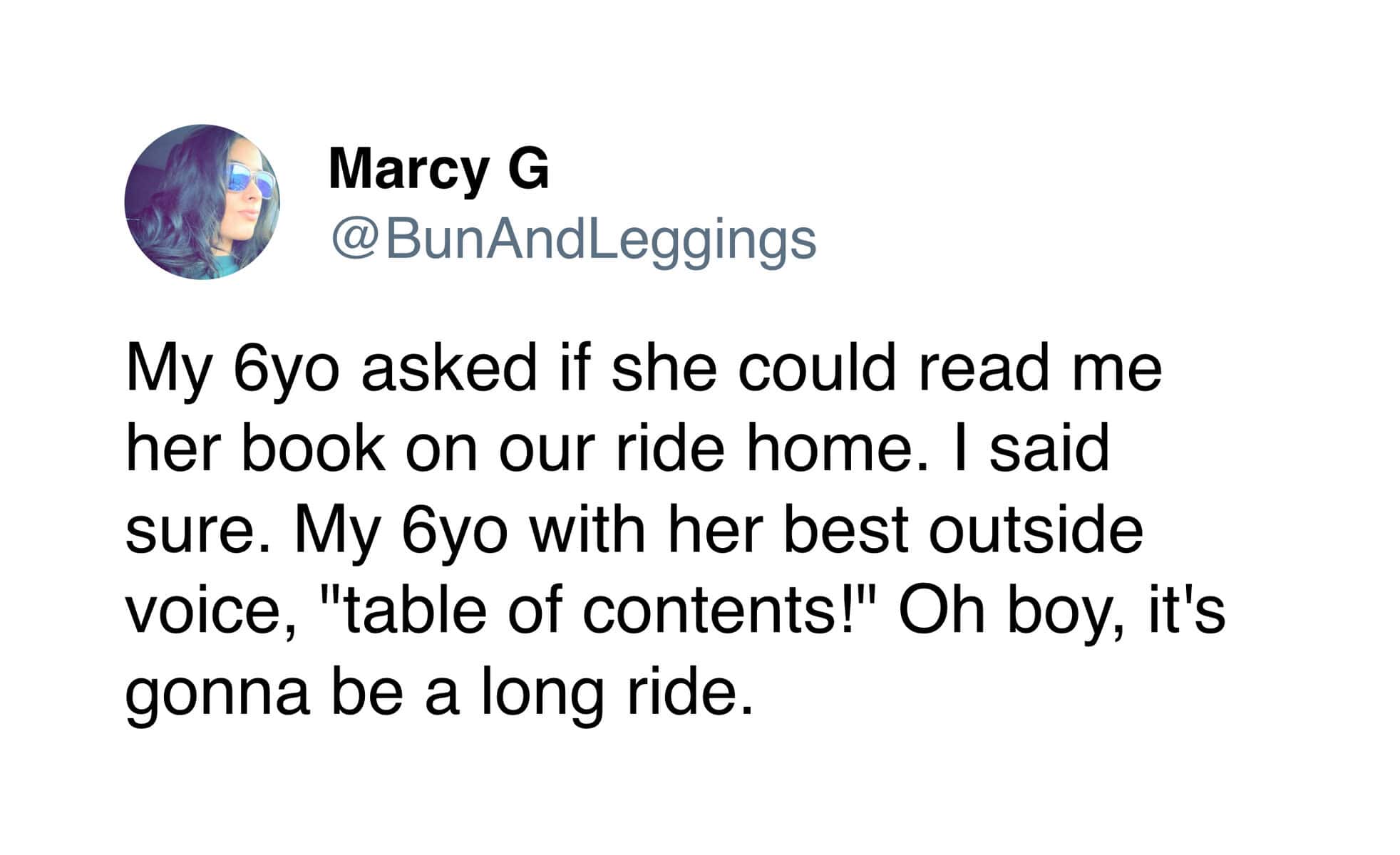 Marcy G tweet about the long car ride ahead after her child offered to read the table of contents.
