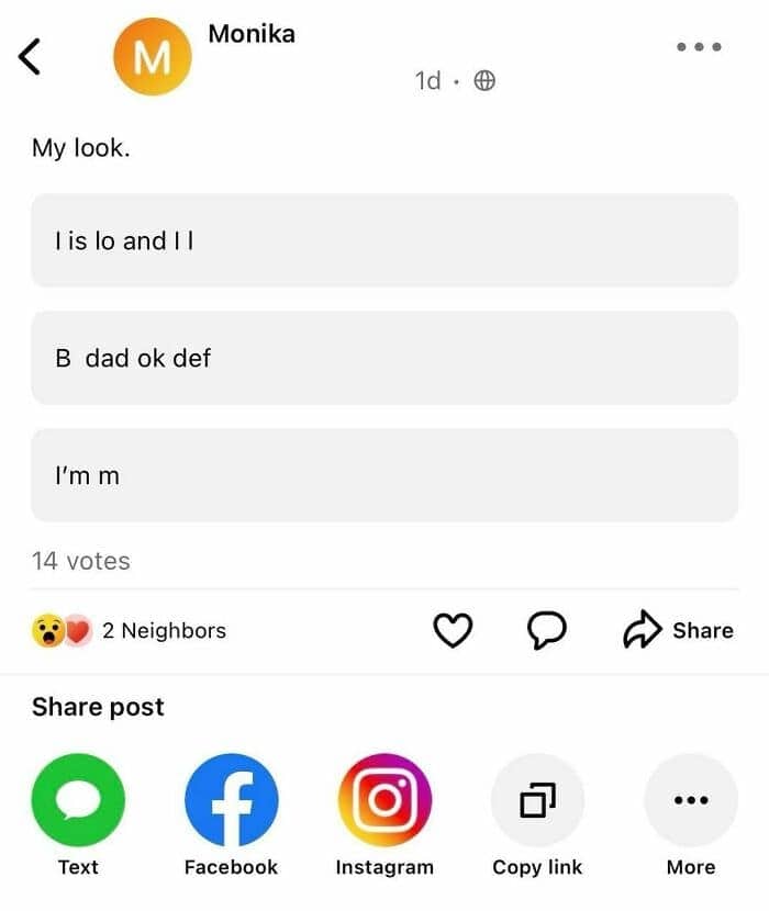 Nextdoor poll by Monika with nonsensical options like "I is lo and I I" and "B dad ok def."