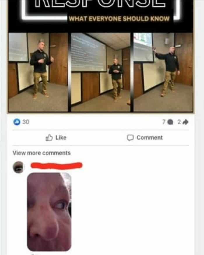 Three photos of a man giving a presentation with a large accidental selfie of a woman below.