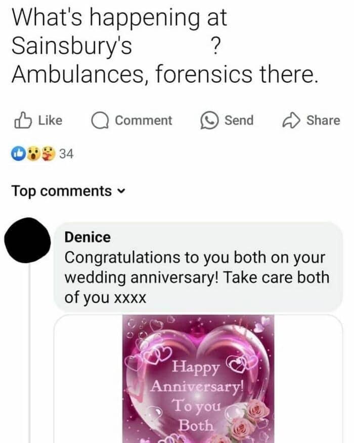 Facebook post asking about ambulances at a local Sainsbury's with an accidental "Happy Anniversary" comment reply.
