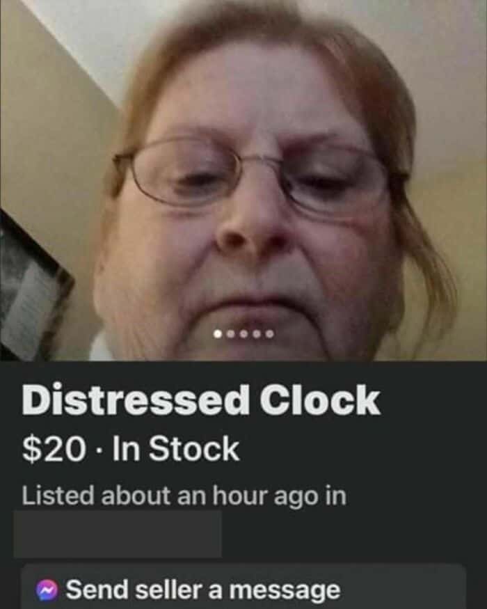 Facebook Marketplace listing for a "Distressed Clock" featuring a low-angle selfie of an older woman.