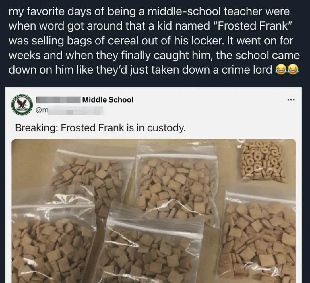A dramatic school announcement about "Frosted Frank" being in custody for selling bags of cereal from his locker.