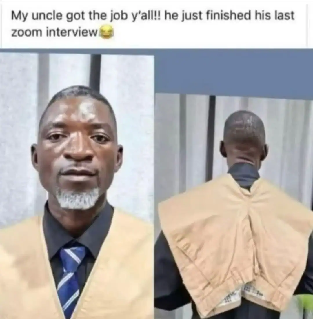 Side-by-side view of a man during a Zoom interview wearing a shirt and tie, but with trousers pinned to his back.