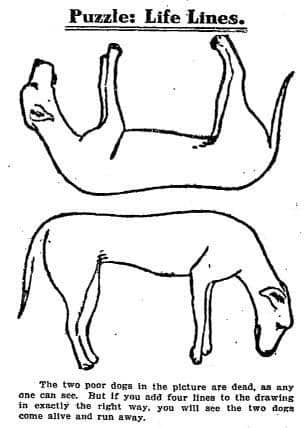 Vintage line drawing puzzle showing two dogs that appear deceased with instructions to add four lines.