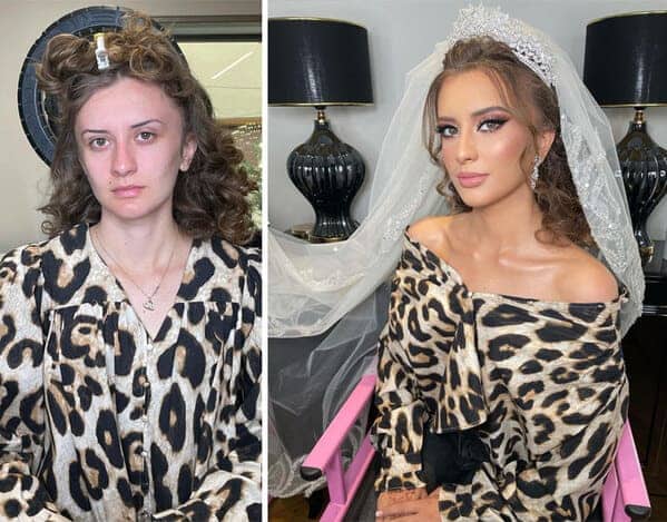 Wedding day glow-up showing a bride's transition from leopard print casual to regal bridal elegance.