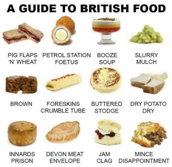A satirical British meme guide renaming food items, calling trifle "booze soup" and a sandwich "pig flaps 'n' wheat."