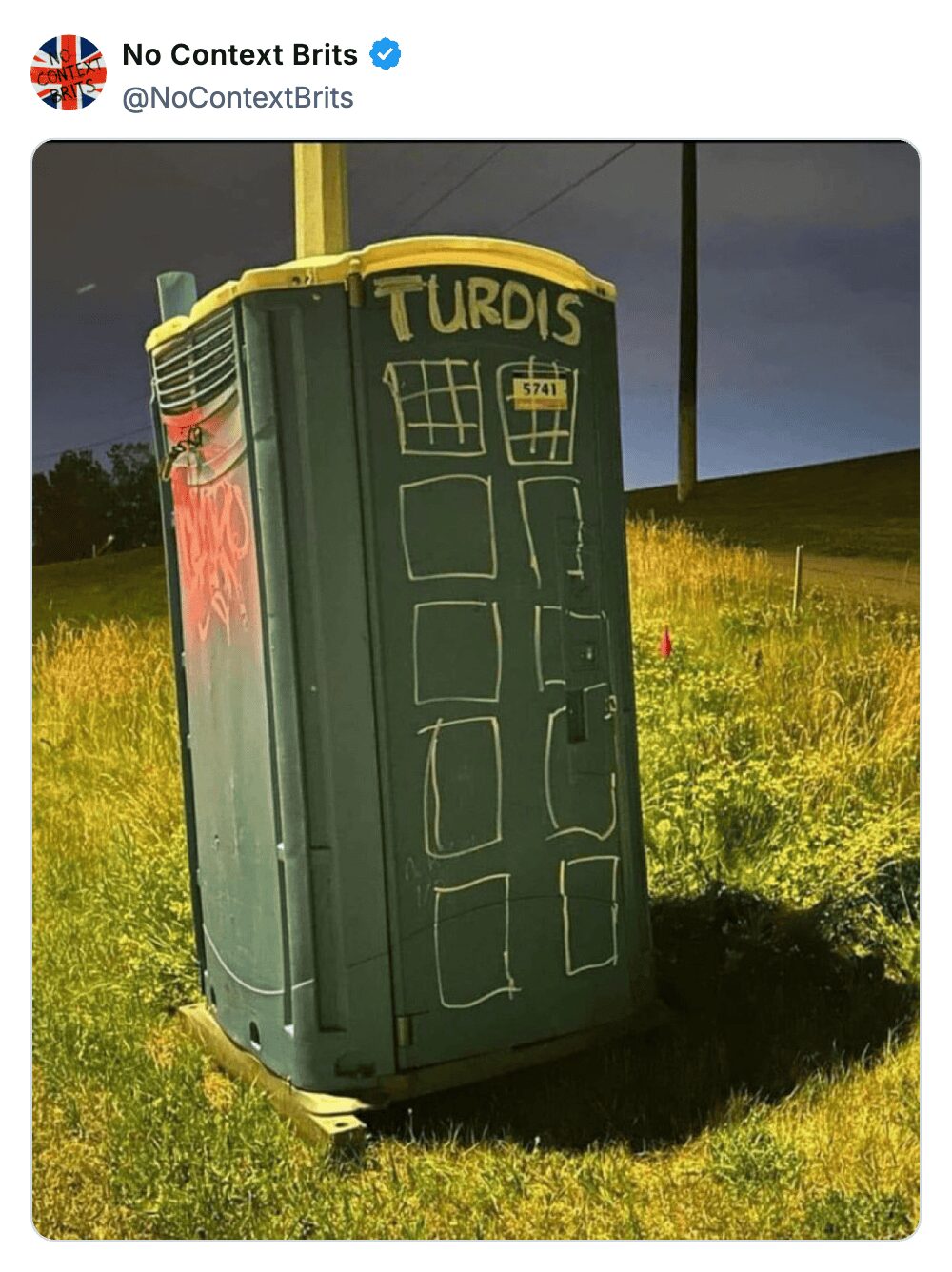 A green portable toilet decorated with chalk to look like the TARDIS and labeled Turdis.