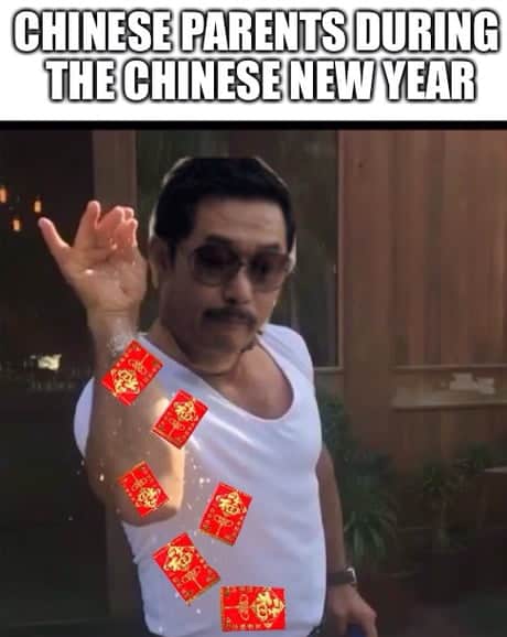 A classic "Salt Bae" Lunar New Year meme featuring the chef sprinkling falling red envelopes onto a t-shirt, captioned "Chinese parents during the Chinese New Year."