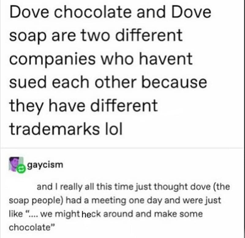 Social media post discussing the different trademarks held by Dove soap and Dove chocolate companies.