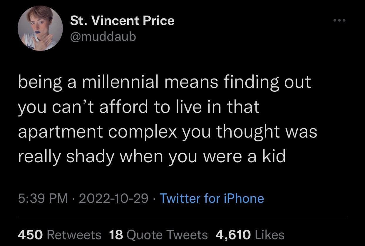 A classic meme tweet discussing the harsh reality of being a millennial and realizing you cannot even afford the "shady" apartment complex you judged as a kid.