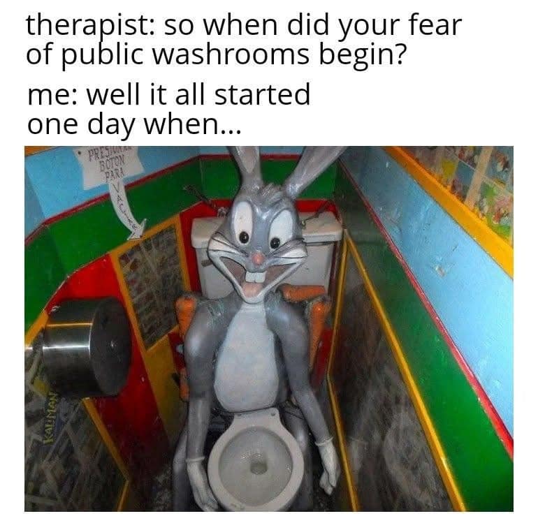 A terrifying classic meme showing a creepy, dirty Bugs Bunny statue sitting on a toilet in a claustrophobic stall, captioned as the origin story for a fear of public washrooms.