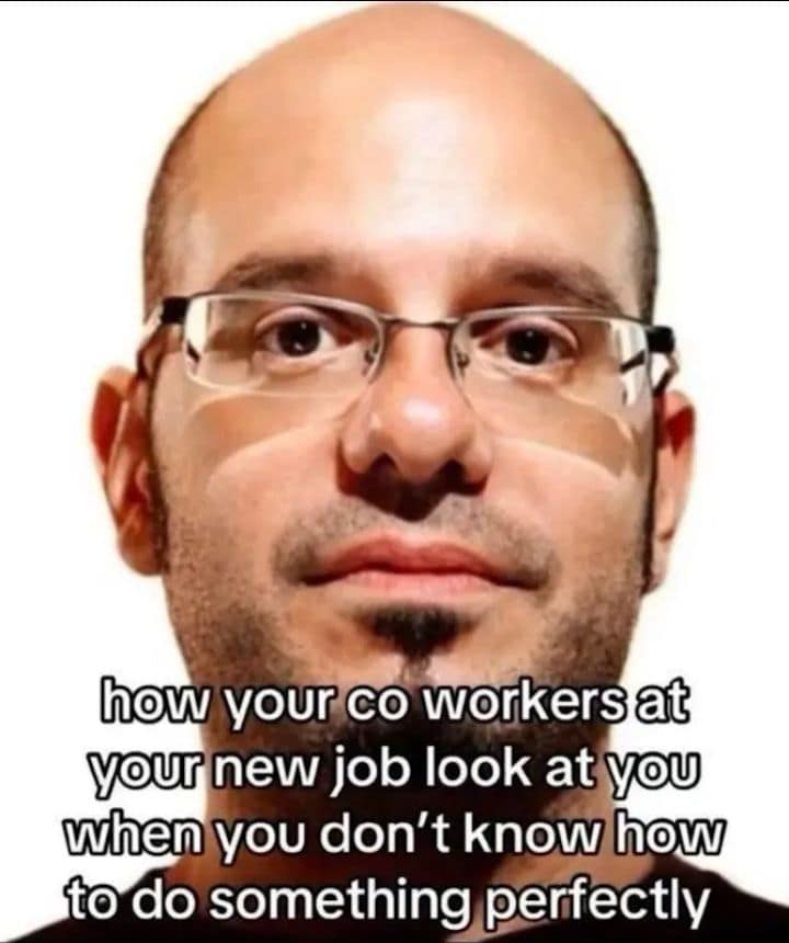 A relatable workplace classic meme showing a blank, highly judgmental stare from David Cross, representing exactly how coworkers look at you when you don't do a task perfectly on your first day.