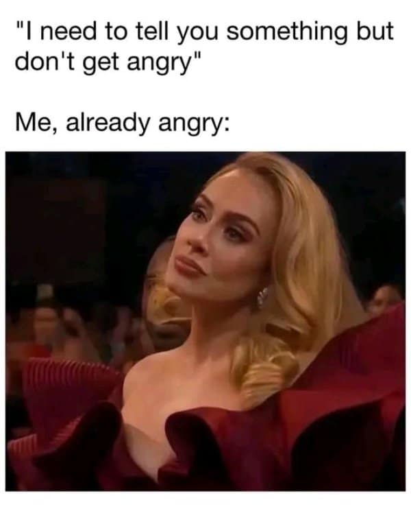 Adele looking deeply skeptical in a red dress. Funny reaction picture for already being furious before hearing bad news.