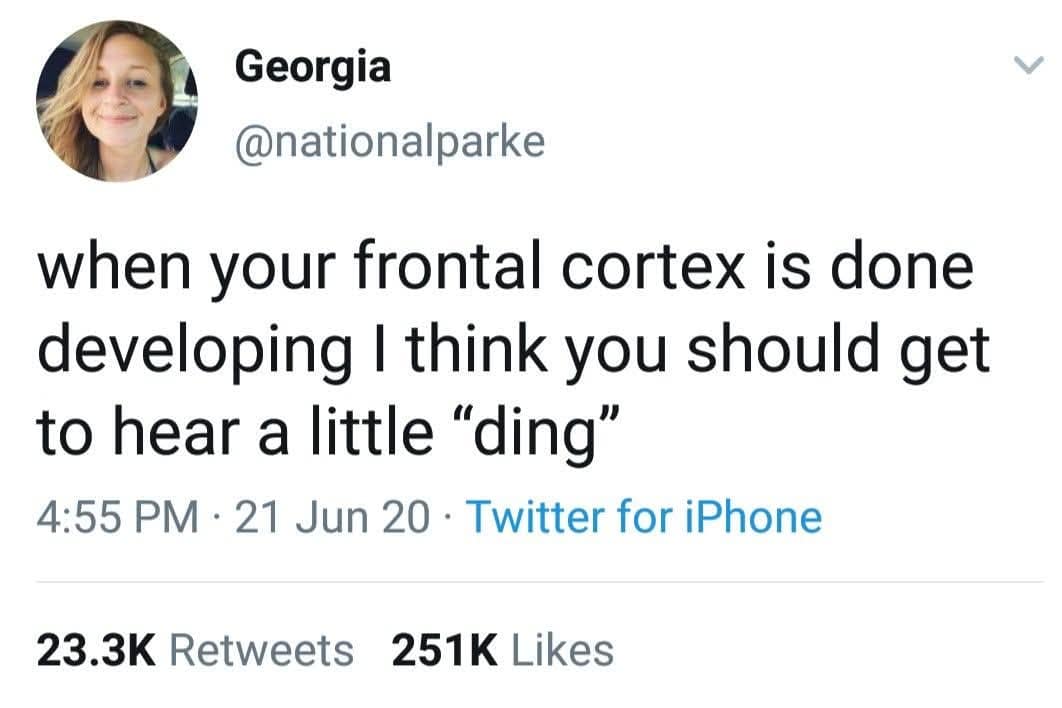 A relatable classic meme tweet wishing that the human brain worked like a microwave, suggesting the frontal cortex should make a "ding" sound when it is finished developing.