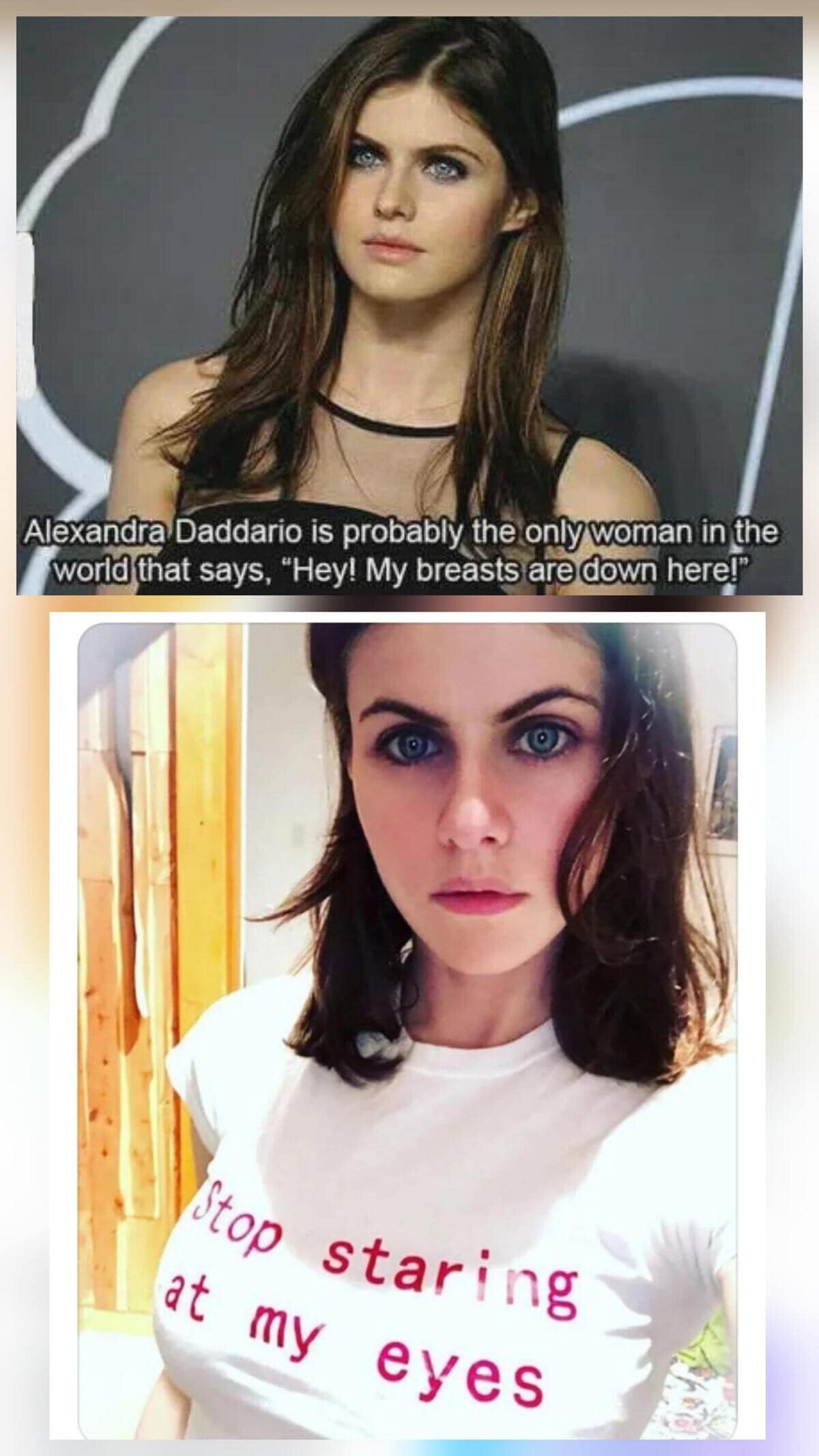 A classic meme about Alexandra Daddario featuring a photoshopped shirt that reads "stop staring at my eyes," reversing the usual "my eyes are up here" trope.