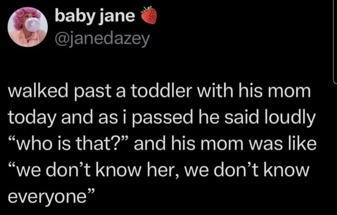 One of those highly relatable viral tweets where a user overhears a toddler on the street point and ask "who is that?", to which the exhausted mother bluntly replies, "we don't know her, we don't know everyone."