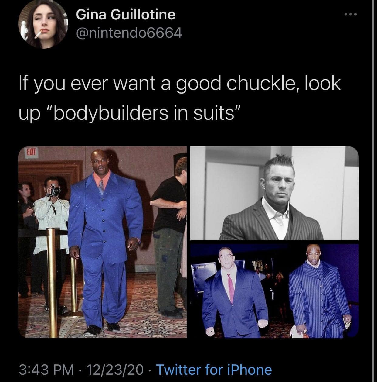 A classic meme tweet suggesting a Google search for "bodybuilders in suits," showing massive men looking comically wide and uncomfortable in formal wear.