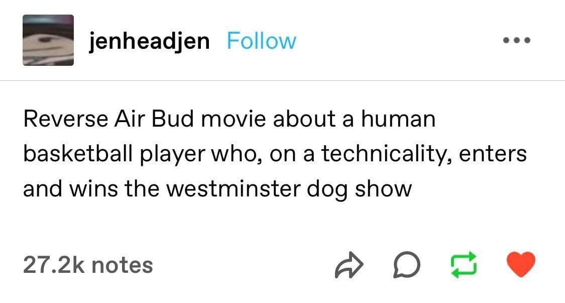 A classic meme Tumblr post pitching a "Reverse Air Bud" movie concept where a human basketball player enters a dog show on a technicality and wins.